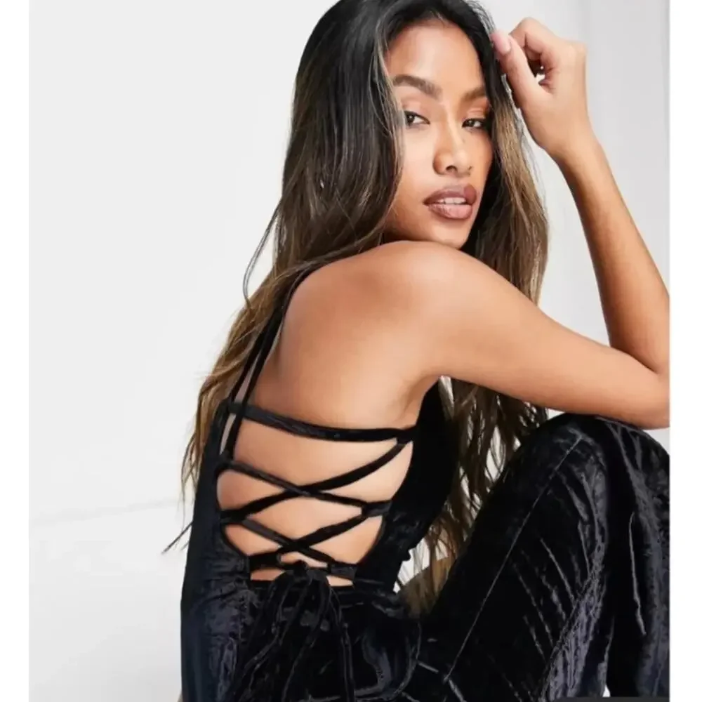 FREE PEOPLE Black Crushed Velvet 90s Forever Lace Up Jumpsuit Wide Leg Small